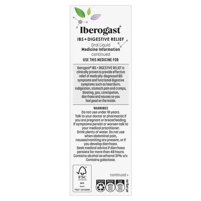 Side packaging of Iberogast IBS + Digestive Relief 50ml listing product uses and warnings.