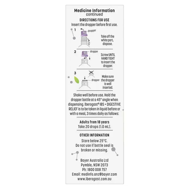 Back packaging of Iberogast + IBS Digestive Relief 50ml showing directions for use and storage instructions.