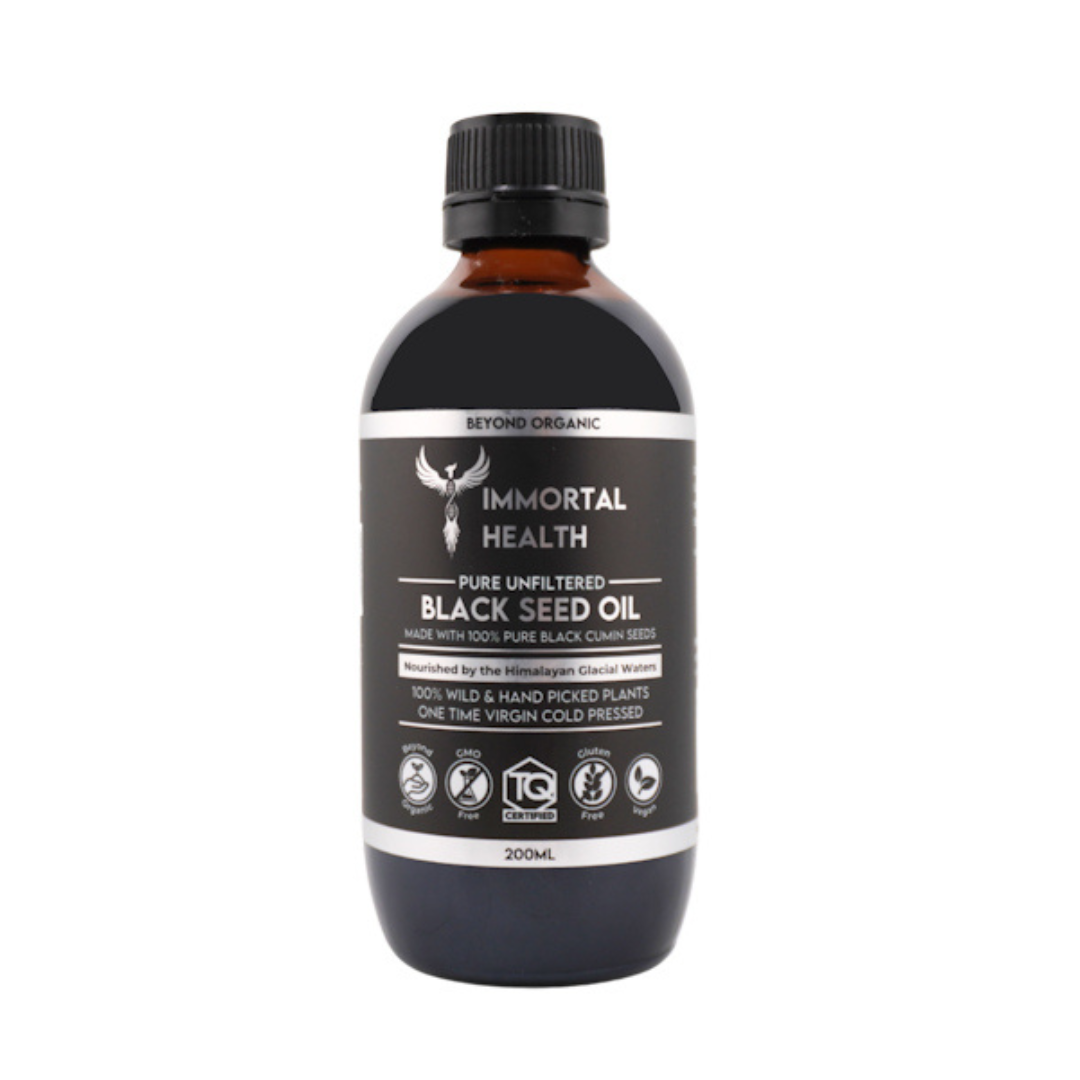 Immortal Health Pure Unfiltered Black Seed Oil is a natural elixir known to support immunity, vitality, skin, hair, and overall well-being.