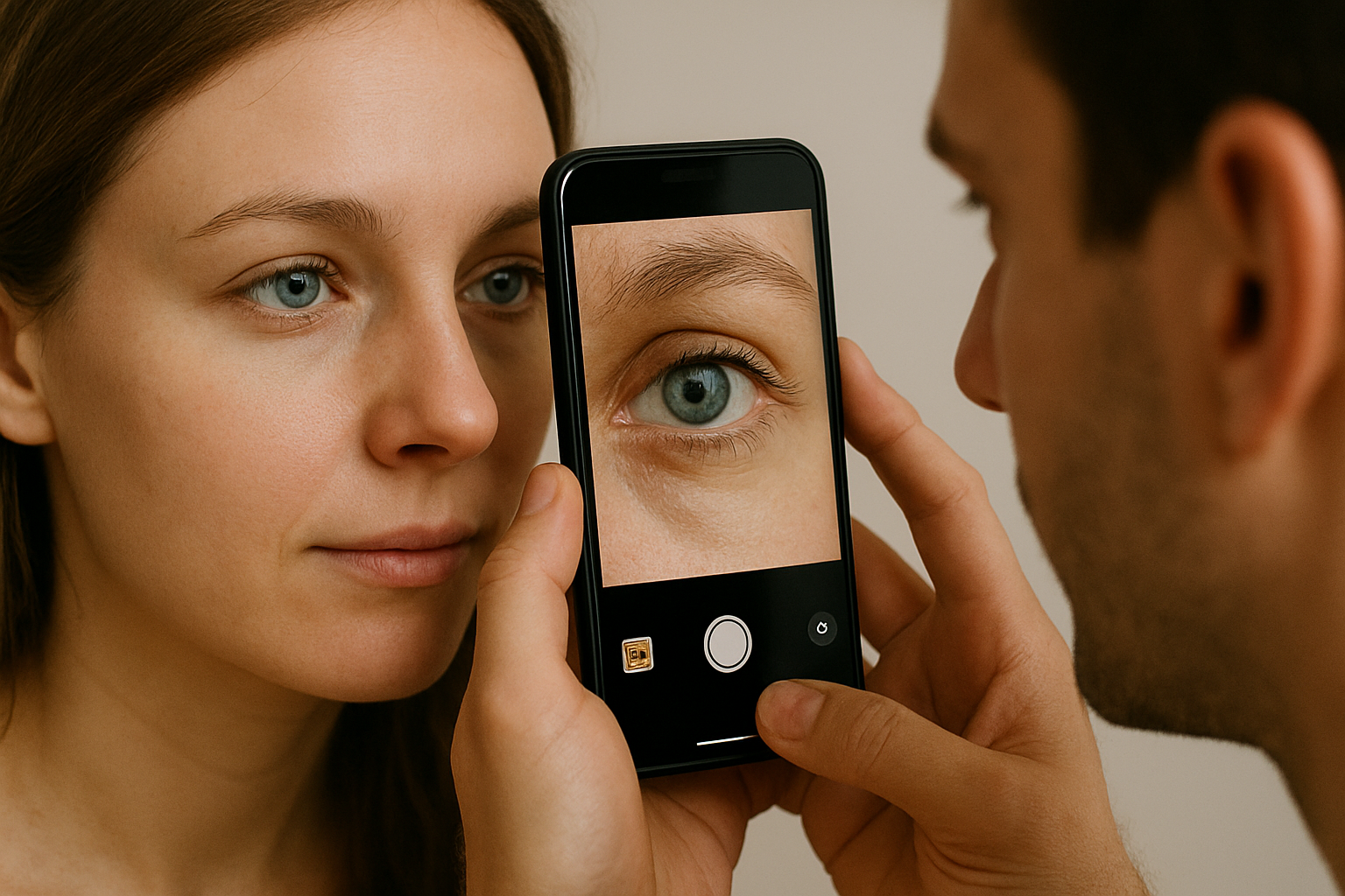 Person using a smartphone to take a photo of another person's eye.