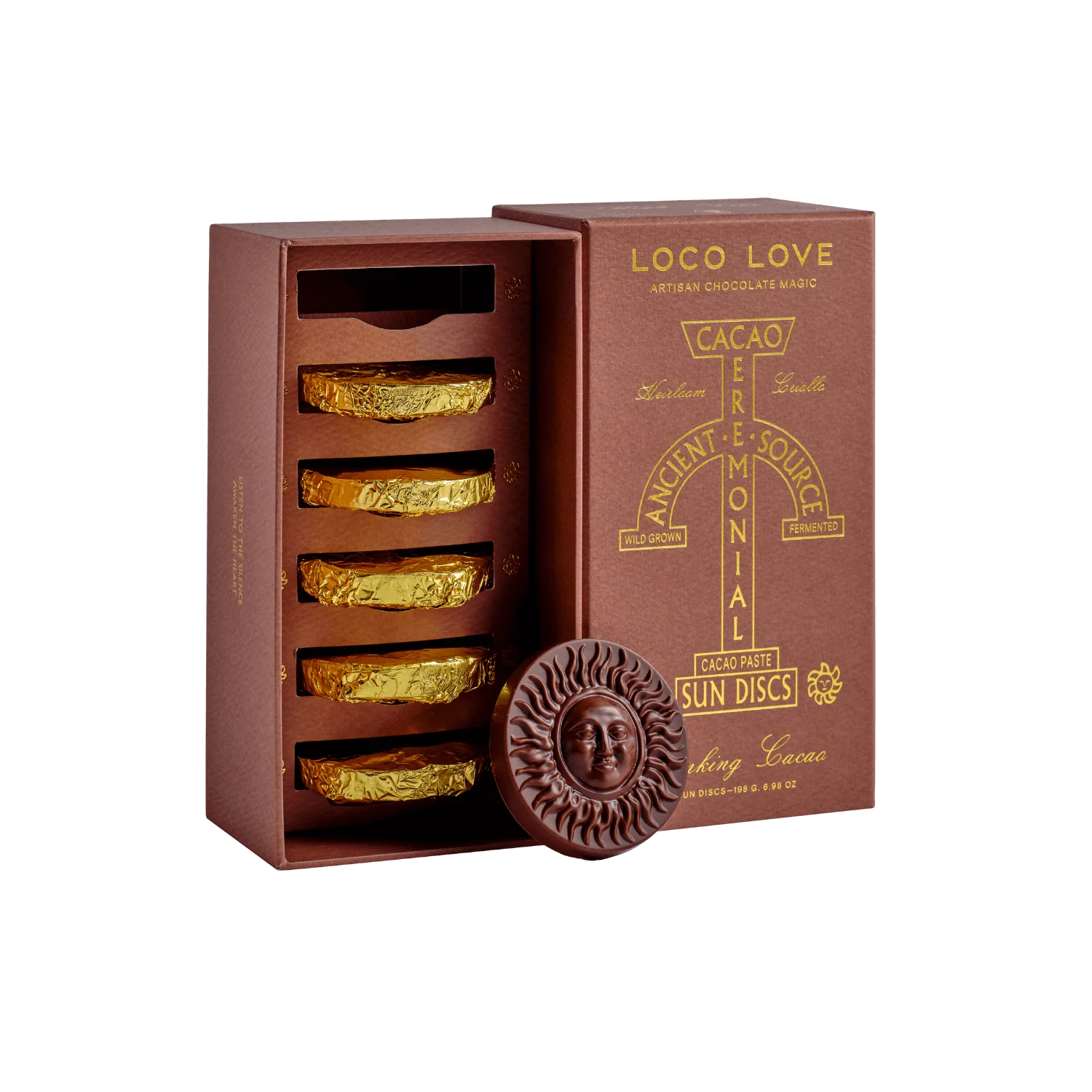 Loco Love Chuncho Drinking Cacao 6 Pack – opened gift box showing Gold Sun Discs of 100% wildcrafted Chuncho Urushayhua cacao, one disc unwrapped and ready for a ceremonial cacao ritual.