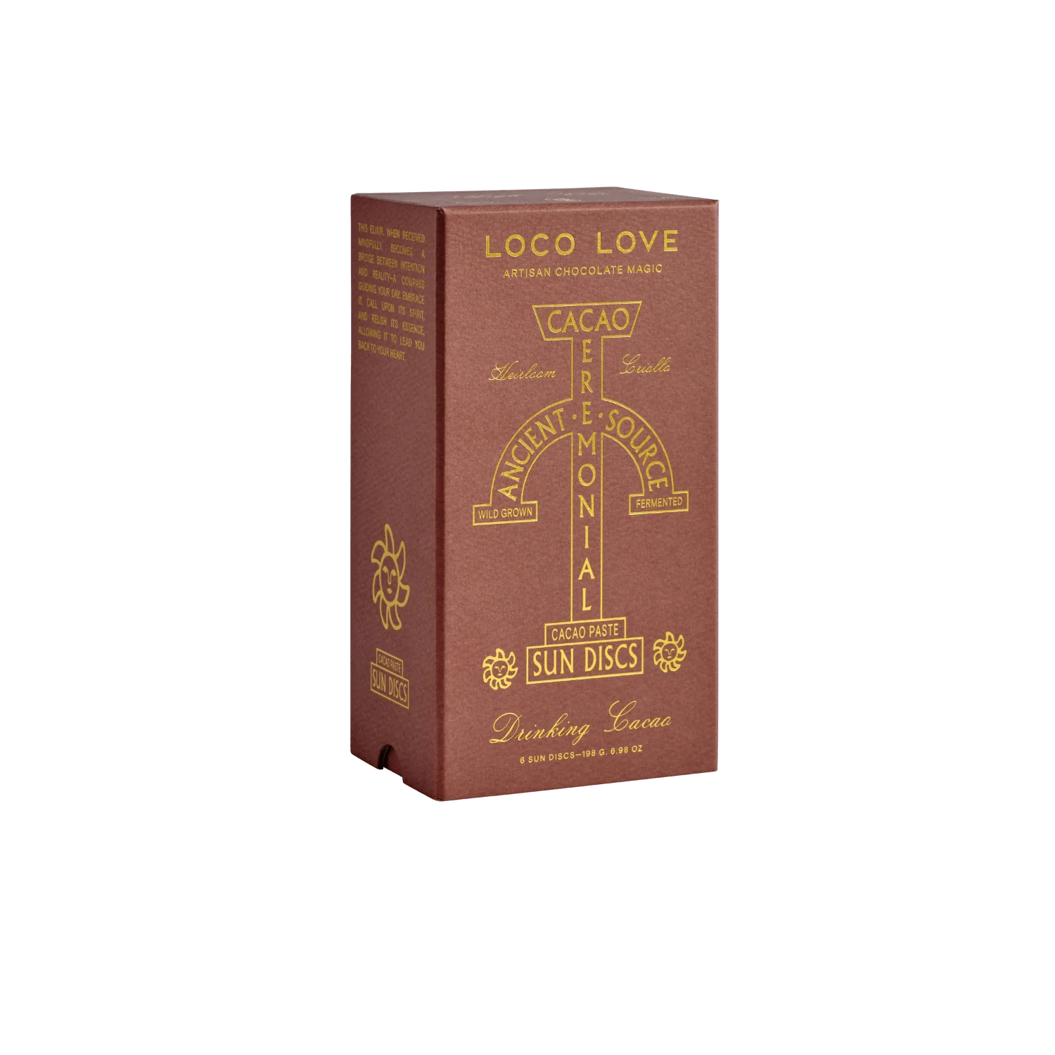 Loco Love Chuncho Drinking Cacao 6 Pack – premium box packaging of six Gold Sun Discs crafted from 100% wild Chuncho cacao for a heart-opening ceremonial experience.