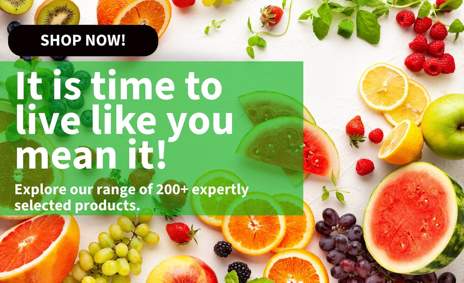 Shop all Renew Health Co. wellness products – fresh fruit hero banner promoting 200+ expertly selected products.