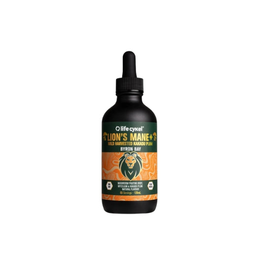 Lifecykel Lion’s Mane Mushroom Extract – dual extract with Kakadu Plum for focus, memory, mental clarity and flow state.