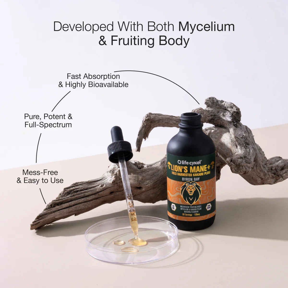 Lifecykel Lion’s Mane Mushroom Extract dropper on specimen dish with text developed with both mycelium and fruiting body – full spectrum dual extract.