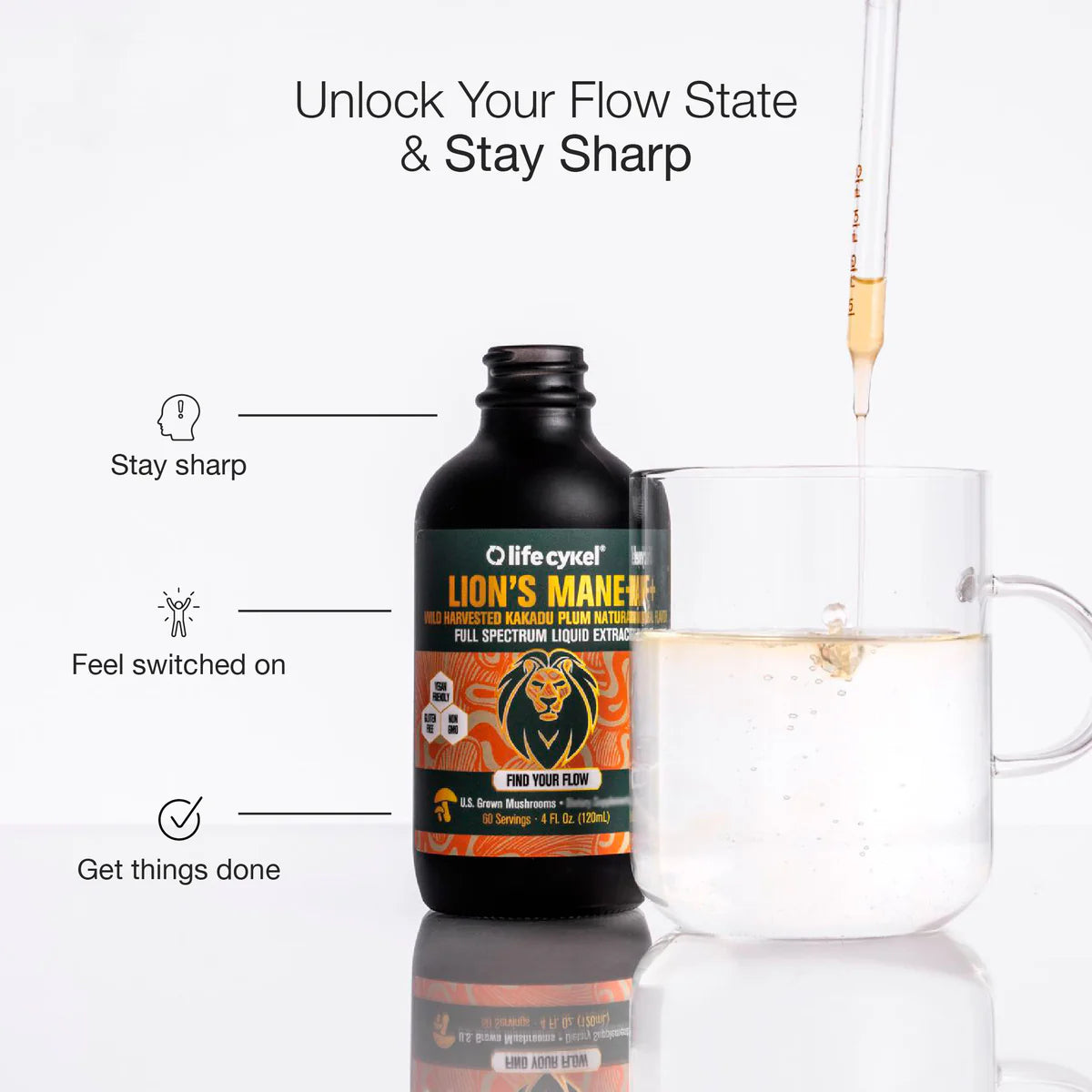 Lifecykel Lion’s Mane Mushroom Extract being dispensed into glass of water with text unlock your flow state and stay sharp – cognitive support liquid.