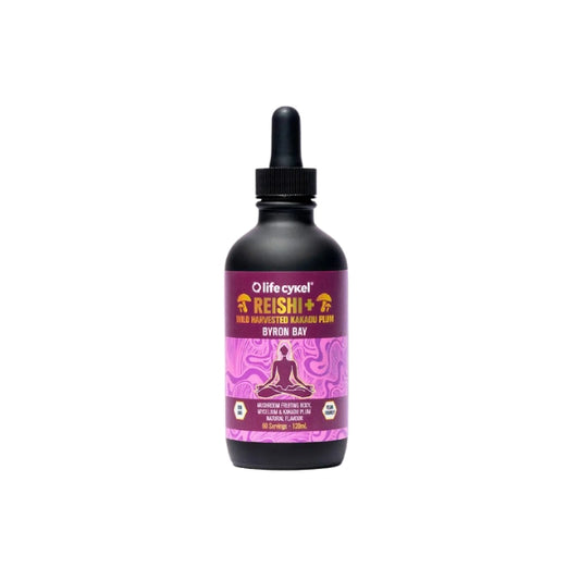 Lifecykel Reishi Mushroom Extract 120ml bottle – dual extract with Kakadu Plum, made from fruiting body and mycelium for relaxation and immune support.