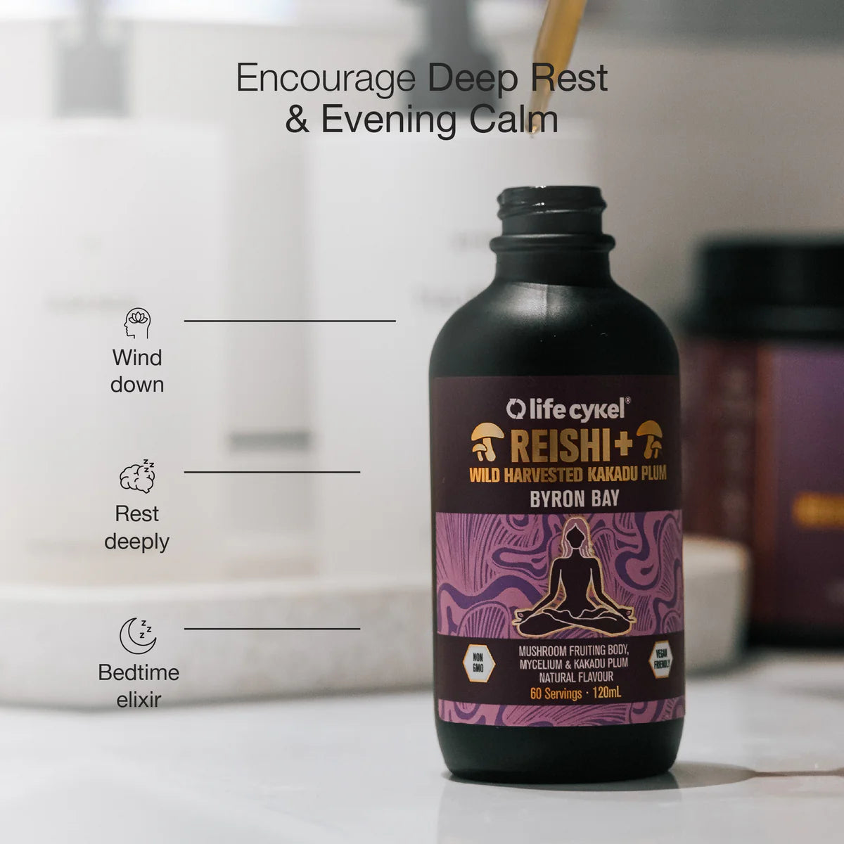 Lifecykel Reishi Mushroom Extract bottle with heading encourage deep rest and evening calm – wind down, rest deeply, bedtime elixir for natural sleep support.