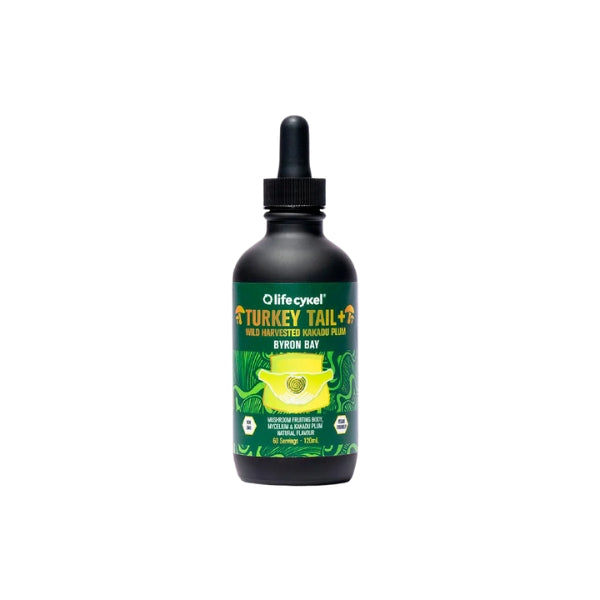 Lifecykel Turkey Tail Mushroom Extract 120ml bottle – dual extract with Kakadu Plum made from mycelium and fruiting body for immune and gut support.