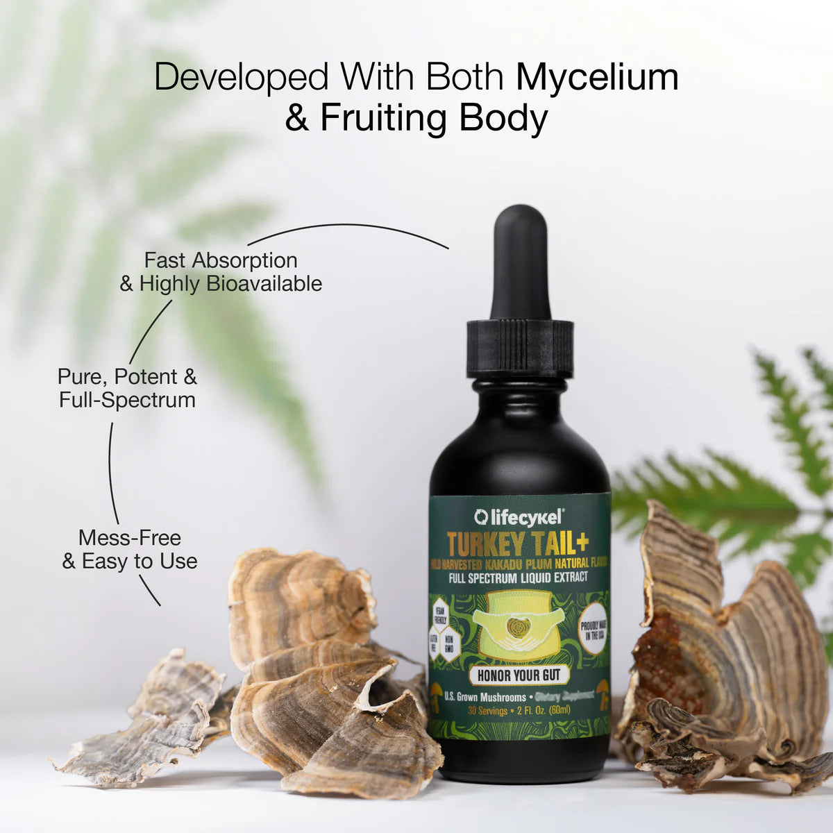 Lifecykel Turkey Tail Mushroom Extract bottle with heading developed with both mycelium and fruiting body – fast absorption, full spectrum, potent, easy to use.