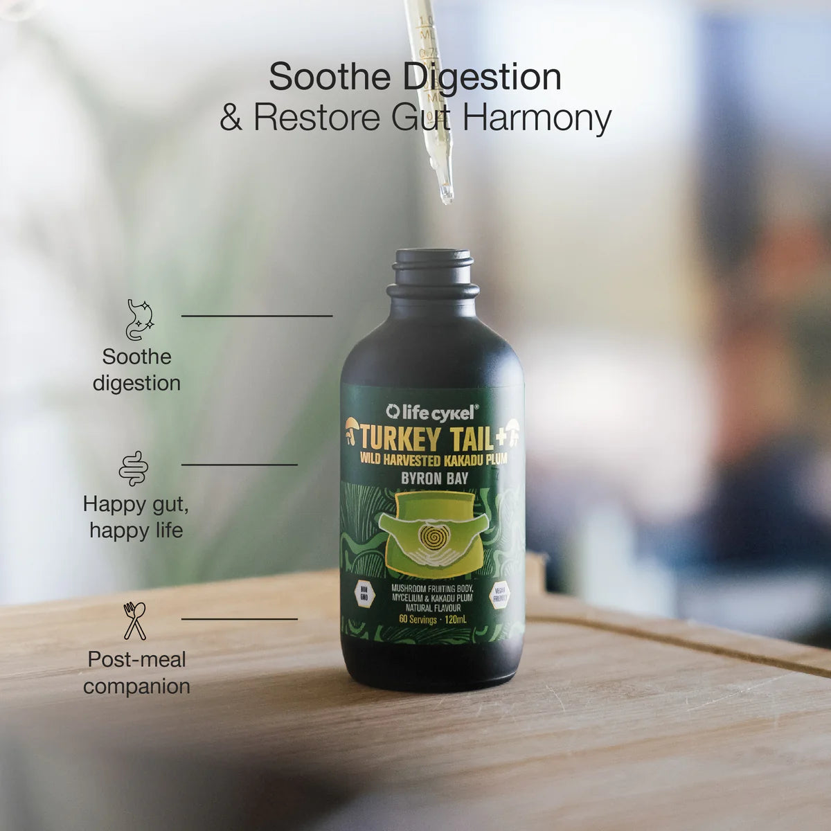 Lifecykel Turkey Tail Mushroom Extract bottle with heading soothe digestion and restore gut harmony – soothe digestion, happy gut happy life, post-meal companion.