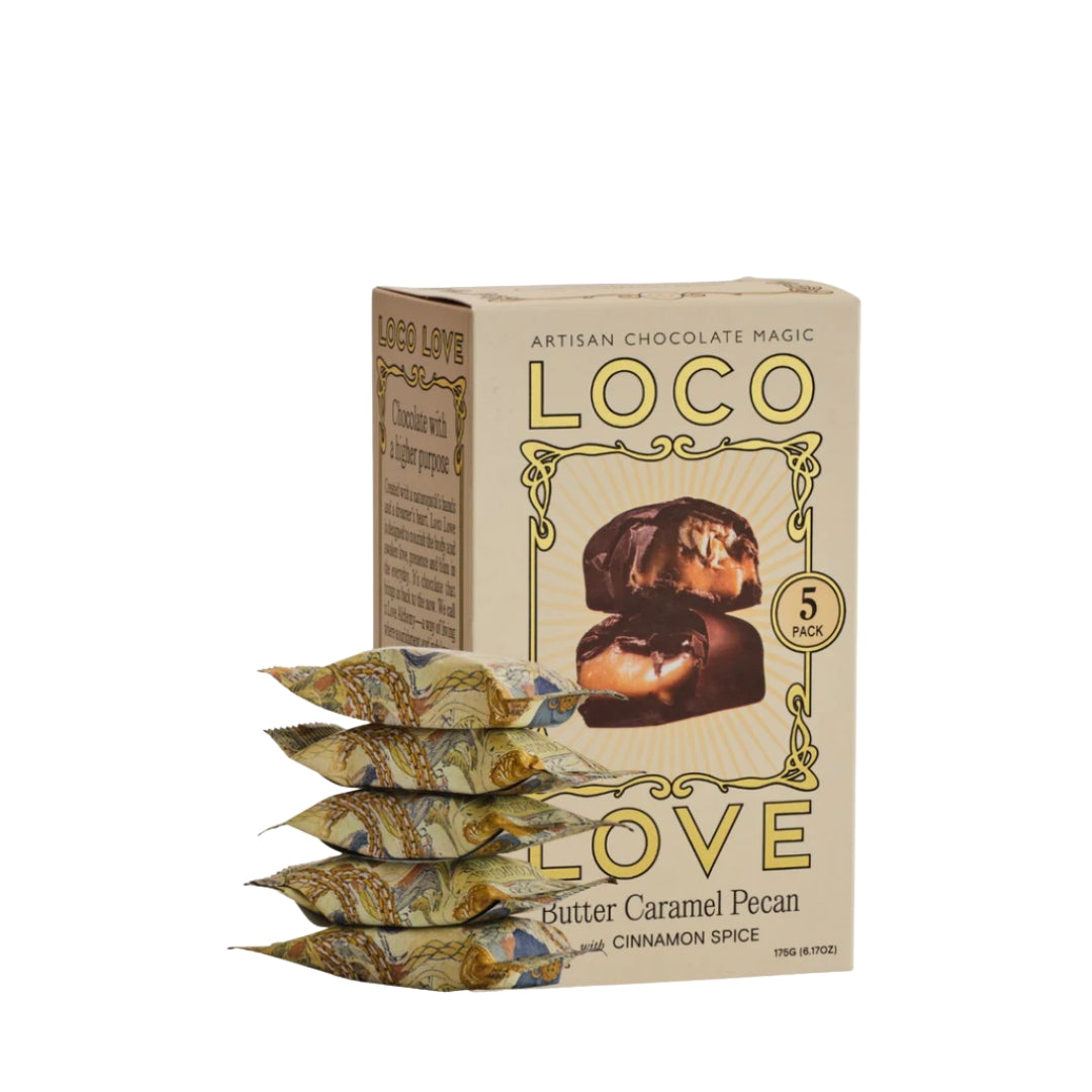 This Loco Love 5 Pack is infused with gut-loving probiotics, healing herbs and superfoods to nourish you while enjoying. The ultimate combination, butterscotch caramel meets maple, cinnamon and toasted pecans in rich, dark chocolate. 
