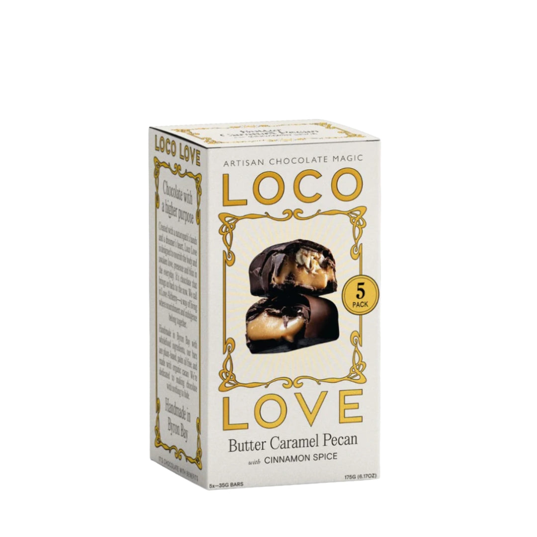 This Loco Love 5 Pack is infused with gut-loving probiotics, healing herbs and superfoods to nourish you while enjoying. The ultimate combination, butterscotch caramel meets maple, cinnamon and toasted pecans in rich, dark chocolate. 