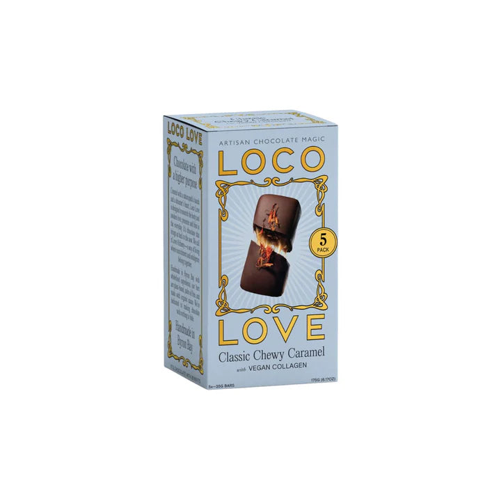 Loco Love Classic Chewy Caramel 5 Pack – vegan dark chocolate bars with soft caramel centres and plant-based collagen, handcrafted in Byron Bay.