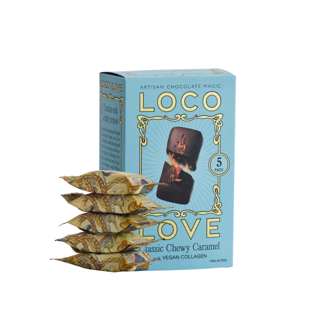 Loco Love Classic Chewy Caramel bars stacked next to the box – vegan and gluten-free treat for mindful snacking.