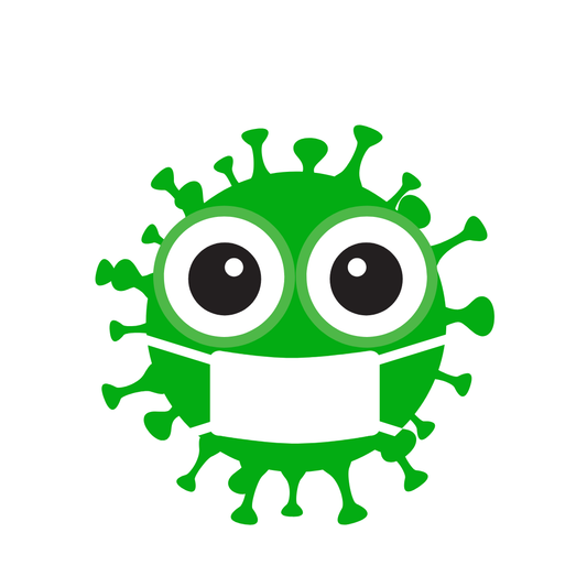 Cartoon illustration of a green virus character with large eyes on a white background