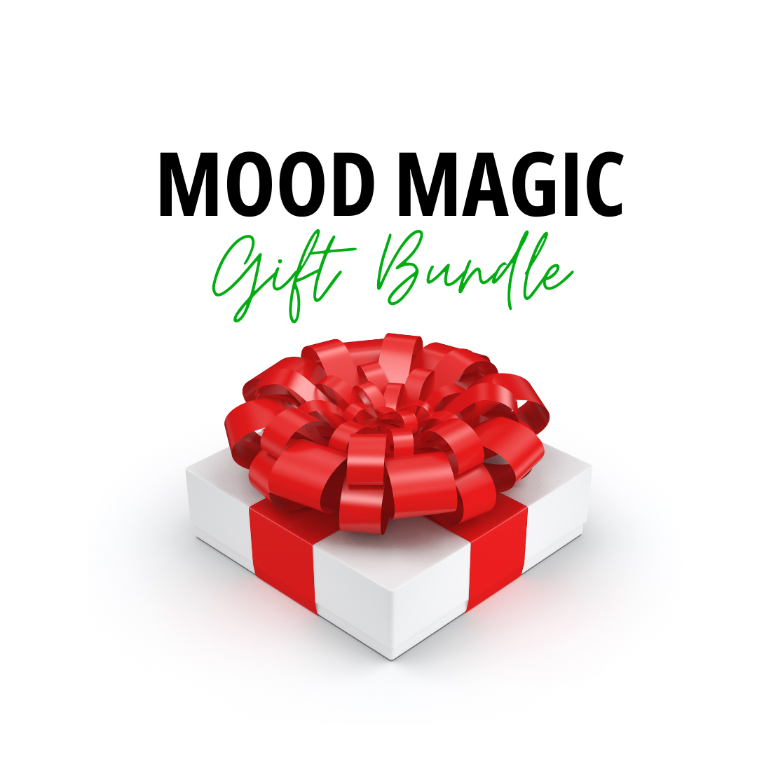 Mood Magic Gift Bundle by Renew Health Co. Artisan wellness gift set featuring ceremonial cacao, Calmer Chai Dandi Chai sample, adaptogenic coffee, bath salts, beeswax candle & notebook.