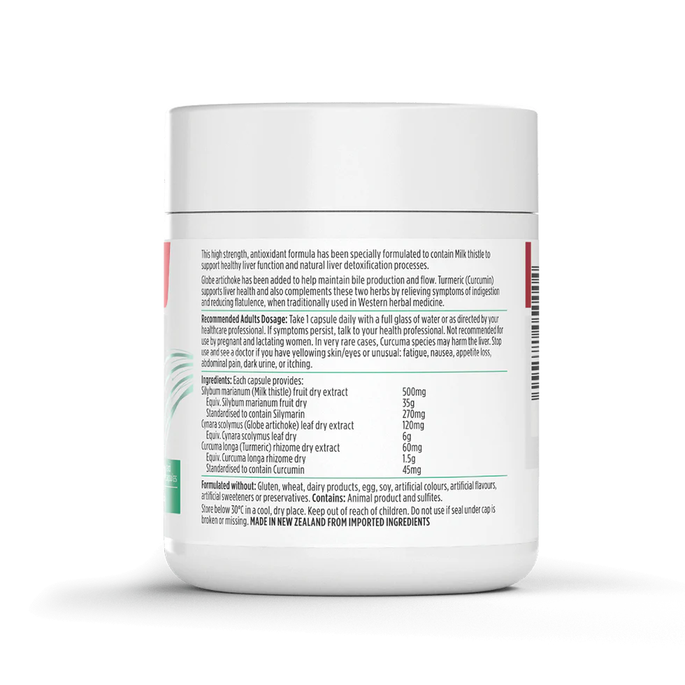 Nutra-Life Liver Guard 35,000 Plus back label showing product information, recommended adult dosage, ingredients list and usage directions.