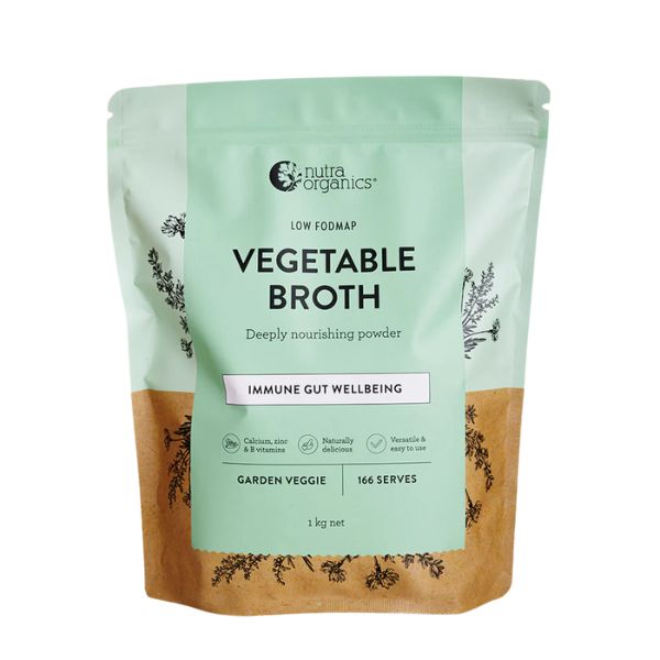 Nutra Organics Vegetable Broth 1kg resealable pouch front view.