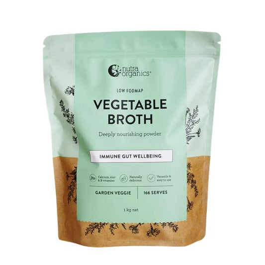 Nutra Organics Vegetable Broth 1kg resealable pouch front view.