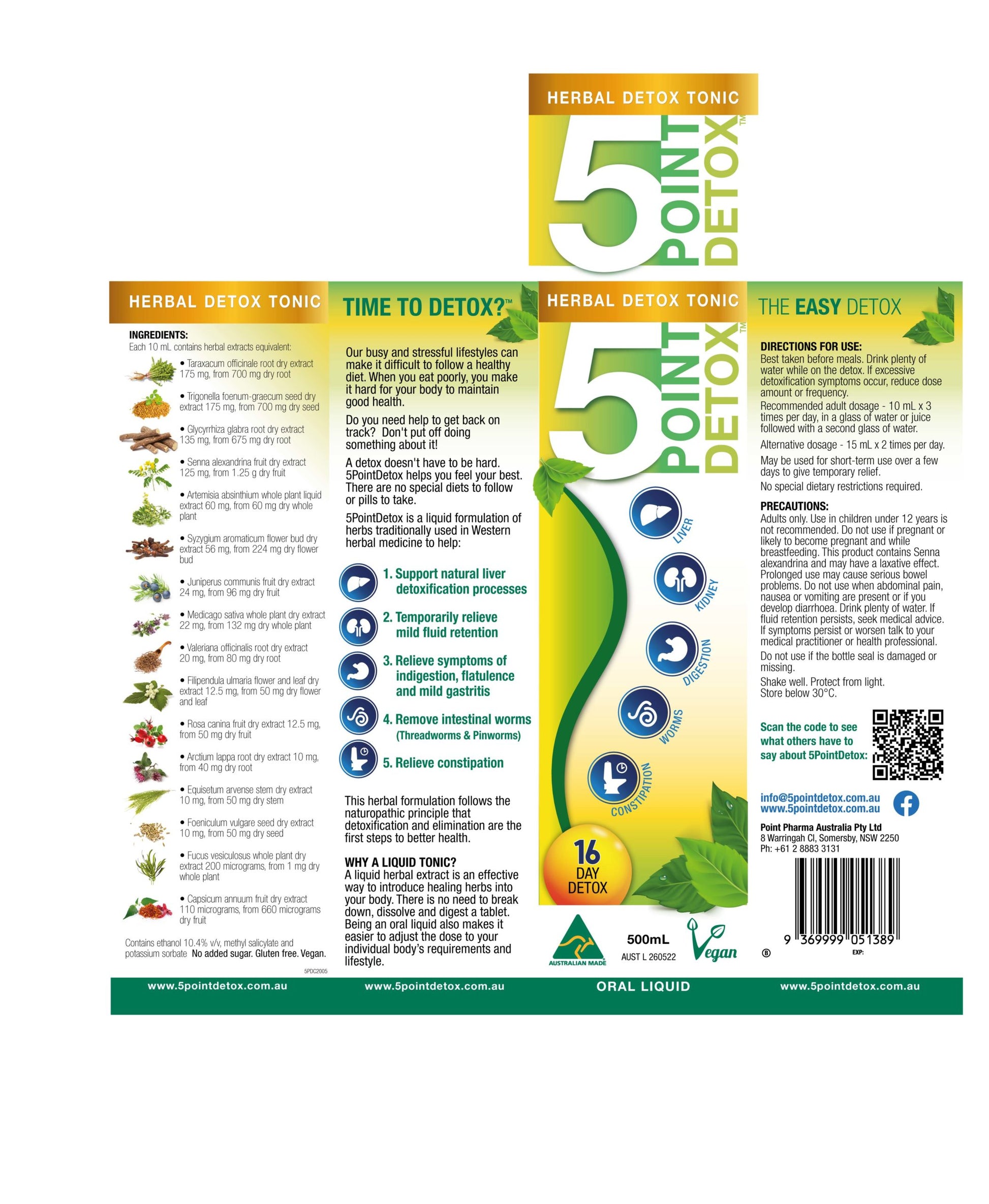 Point Pharma 5 Point Detox herbal detox tonic 500ml ingredients directions naturopathic herbal detox formula supporting liver detox digestion kidney cleansing and intestinal health.