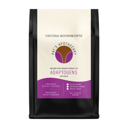 Pat's Apothecary Decaf Energy Coffee is crafted from premium organic Mexican coffee and infused with powerful energising Cordyceps. Designed to support mood, gut health, and endurance, this brew delivers rich, smooth coffee taste with no compromise.

Each serving contains organic mushroom extract powder, sourced from 100% fruiting bodies - no mycelium, no grains, no fillers.

Expect full-bodied flavour, clean energy, and functional benefits in every cup.
This is not instant coffee - just real, adaptogenic 