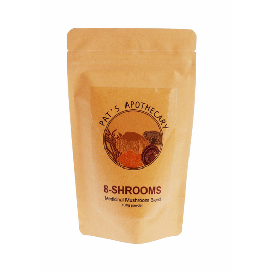 Pat's Apothecary 8-Shrooms Medicinal Mushroom Blend is an organic blend of 8 medicinal mushrooms that has been creatively formulated with both flavour and function in mind.
It features good portions of nootropic Lions Mane, creamy Tremella and malty cordyceps, with earthy and slightly bitter undertones from super-shrooms like chaga and reishi.