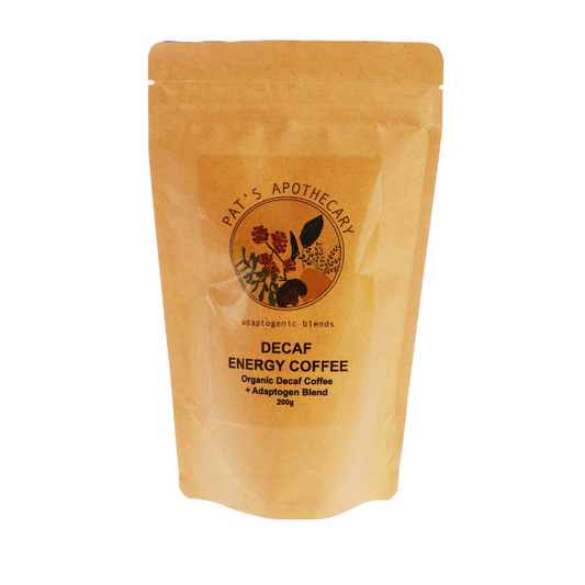 Enhance your coffee experience with Pat’s carefully crafted elixir of energy adaptogens, including Organic Maca, Cordcyeps Militaris,Panax Ginseng and Ashwagandha extracts, plus more!
Blended with premium organic Mexican ground decaf coffee, this is a great way to enjoy the texture and taste of full strength coffee but without the jitters, as the adaptogenic herbs fill the caffeine void.