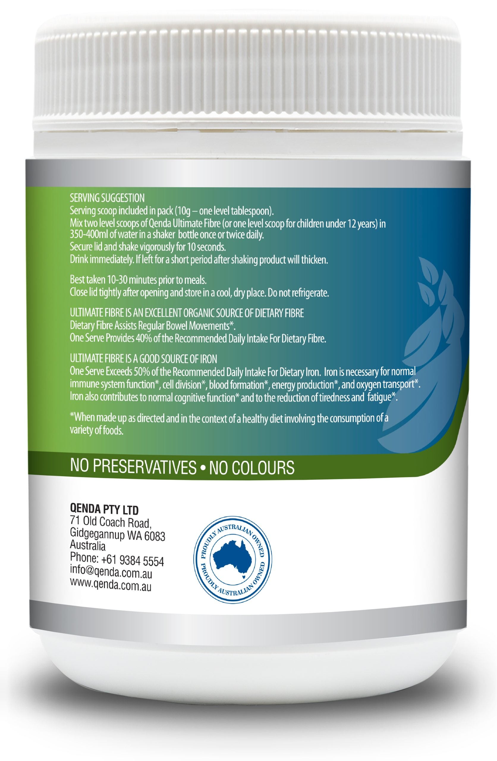 Qenda Ultimate Fibre is a food containing a powerful combination of premium herbs rich in fibre.
Qenda Ultimate Fibre is also a good source of iron.