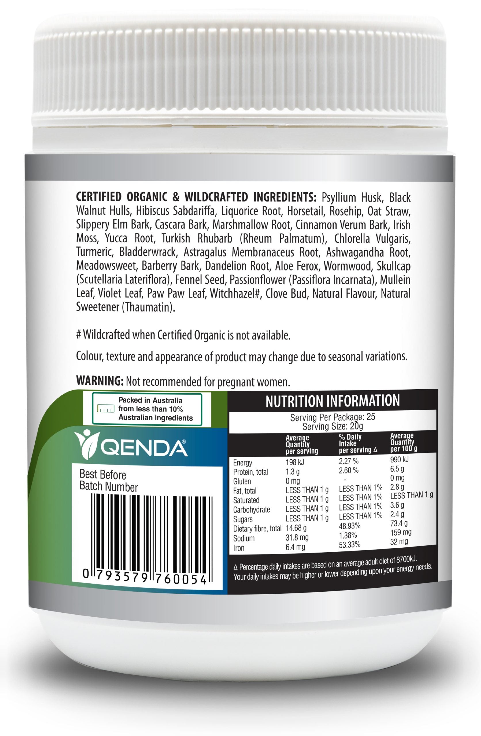 Qenda Ultimate Fibre is a food containing a powerful combination of premium herbs rich in fibre.
Qenda Ultimate Fibre is also a good source of iron.