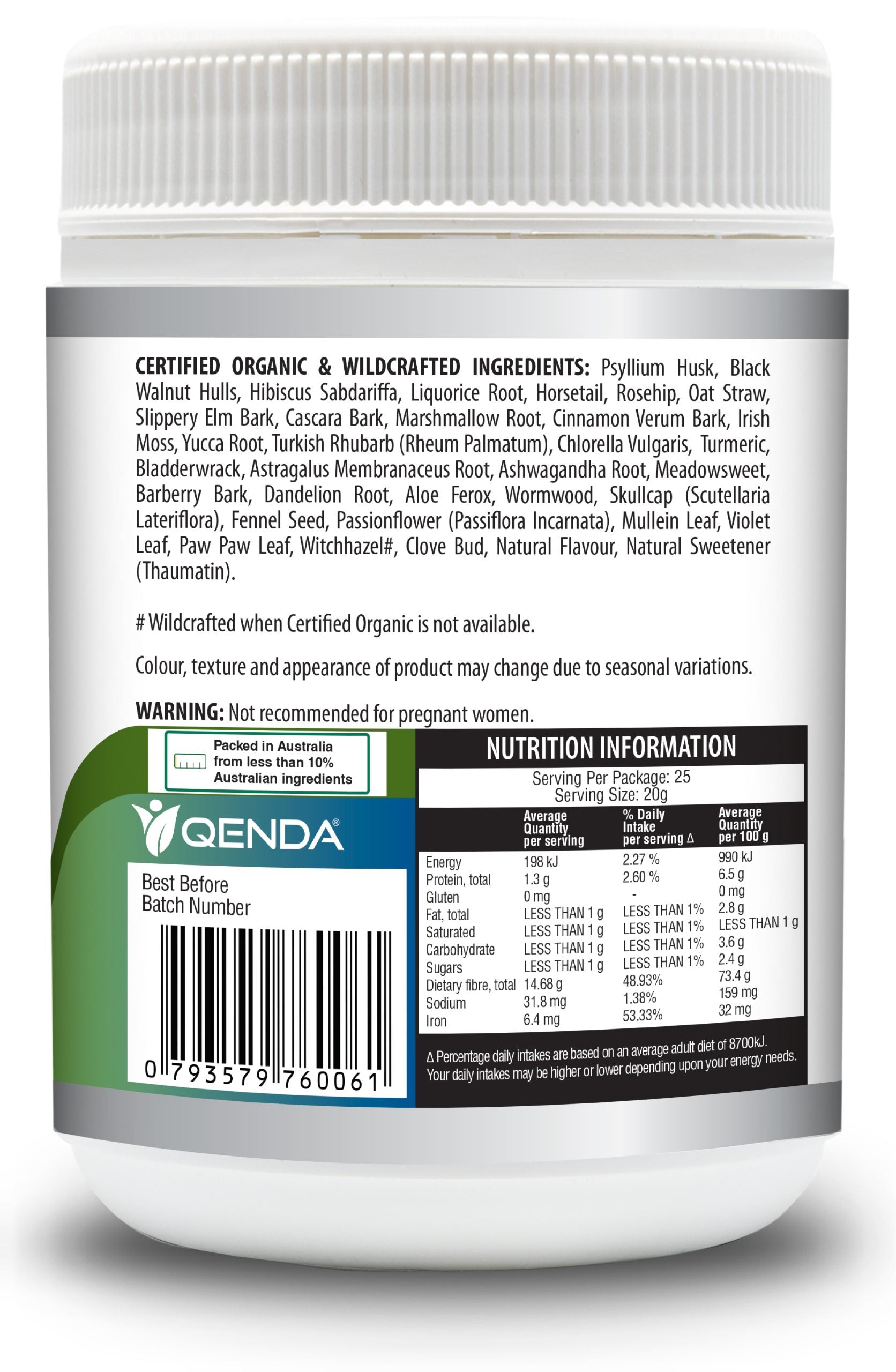 Qenda Ultimate Fibre is a food containing a powerful combination of premium herbs rich in fibre.
Qenda Ultimate Fibre is also a good source of iron.