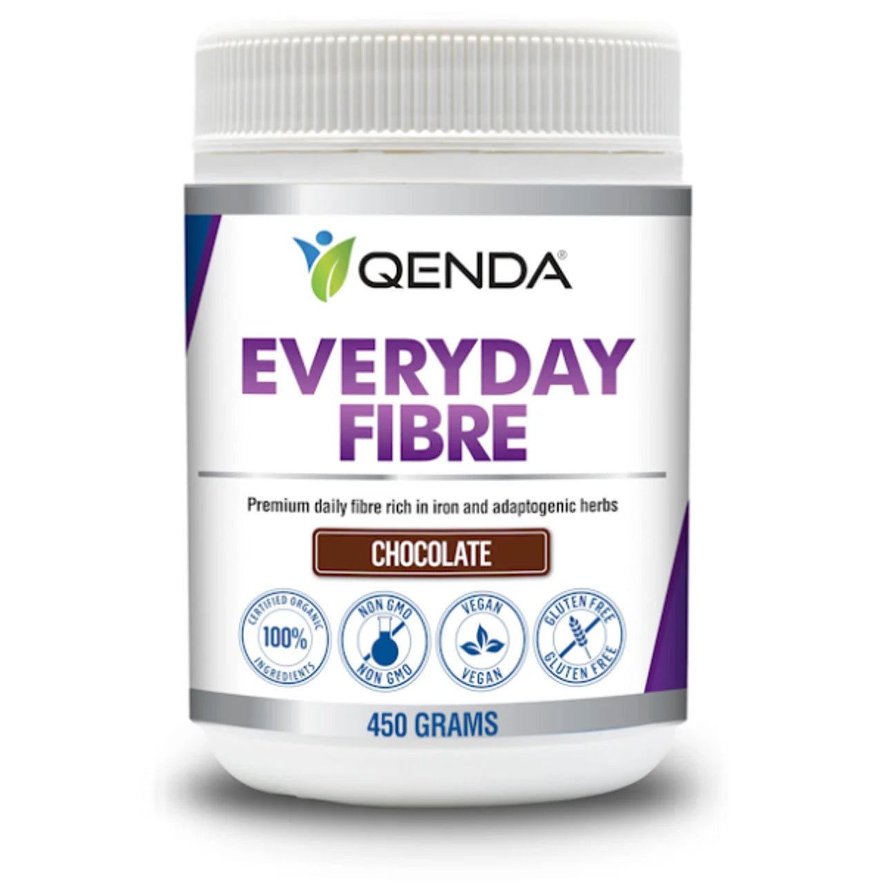 Qenda Everyday Fibre in Chocolate is a premium daily fibre rich in iron and adaptogenic herbs.