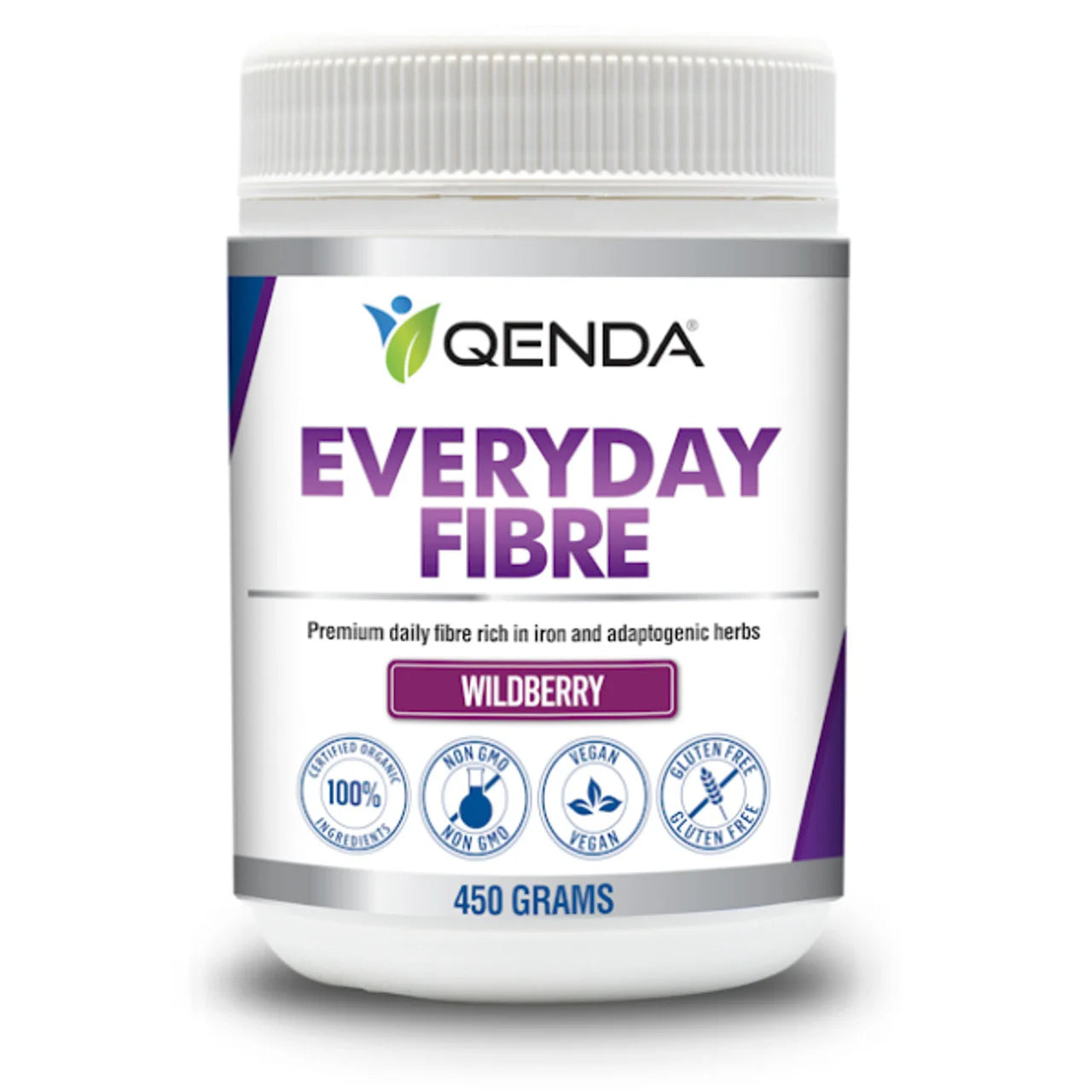 Qenda Everyday Fibre in Wildberry is a premium daily fibre rich in iron and adaptogenic herbs.
