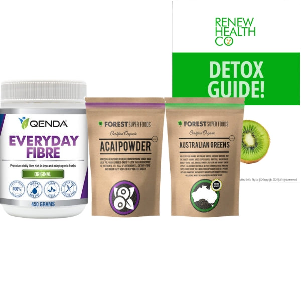 Renew Cleanse #1 30 Day Gentle Bowel Cleanse bundle – includes Qenda Everyday Fibre, Forest Super Foods Australian Greens & Acai Powder, Renew health Co. digital detox guide.