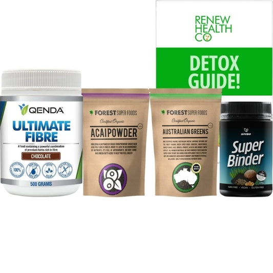 Renew Cleanse #2 30 Day Deep Bowel Cleanse kit – includes Qenda Ultimate Fibre, Saybo Super Binder, Forest Super Foods Australian Greens & Acai Powder, Renew Health Co. digital detox guide.