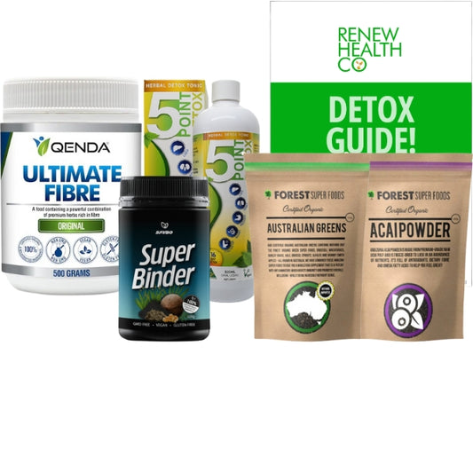 Renew Cleanse #3 40 Day Bowel & Parasite Cleanse bundle – includes Qenda Ultimate Fibre, Point Pharma 5 Point Detox, Saybo Super Binder, Forest Super Foods Australian Greens & Acai Powder, Renew Health Co. digital detox guide.