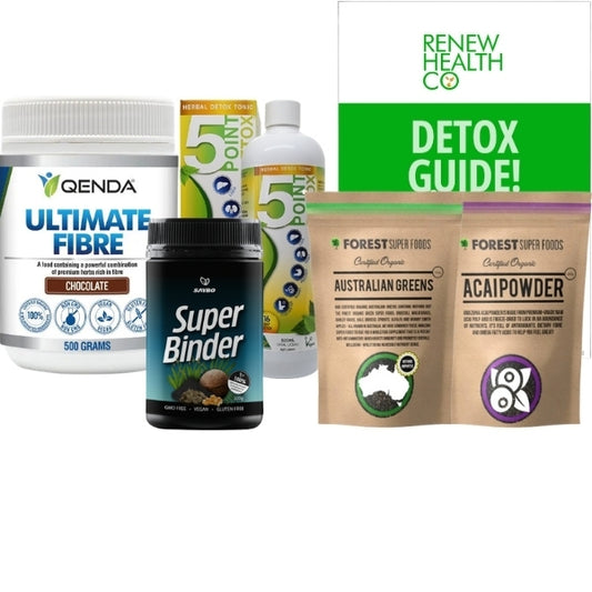 Renew Cleanse #3 40 Day Bowel & Parasite Cleanse kit – includes Qenda Ultimate Fibre, Point Pharma 5 Point Detox, Saybo Super Binder, Forest Super Foods Australian Greens & Acai Powder, Renew Health Co. digital detox guide.
