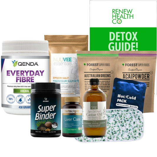 Renew Cleanse #4 14 Day Liver & Gallbladder Purge bundle - includes Qenda Everyday Fibre, Saybo Super Binder, Forest Super Foods Acai Powder & Australian Greens, Herbs of Gold Liver Care, Grasses of Life Castor Oil & Compress Pack, Nuuvee Essential Epsom Salt, Renew Health Co. digital detox guide.