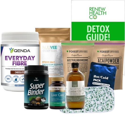 Renew Cleanse #4 14 Day Liver & Gallbladder Purge kit - includes Qenda Everyday Fibre, Saybo Super Binder, Forest Super Foods Acai Powder & Australian Greens, Herbs of Gold Liver Care, Grasses of Life Castor Oil & Compress Pack, Nuuvee Essential Epsom Salt, Renew Health Co. digital detox guide.