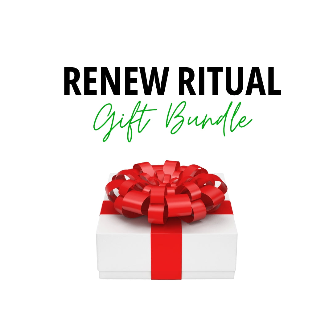 Renew Ritual Gift Bundle – Renew Health Co. wellness gift set featuring dry body brush, castor oil pack, tongue scraper, armpit detox & herbal tea kit.