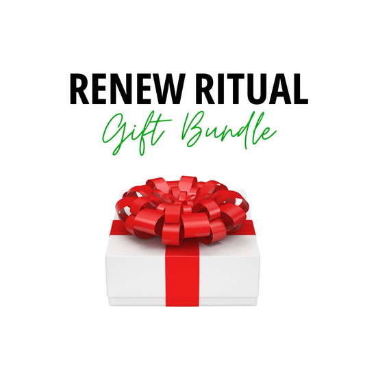 Renew Ritual Gift Bundle – Renew Health Co. wellness gift set featuring dry body brush, castor oil pack, tongue scraper, armpit detox & herbal tea kit.