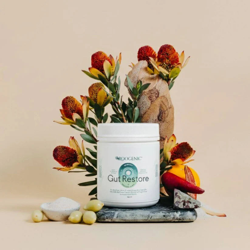 Roogenic Gut Restore Superfood gut repair powder with native Australian botanicals for gut lining support.