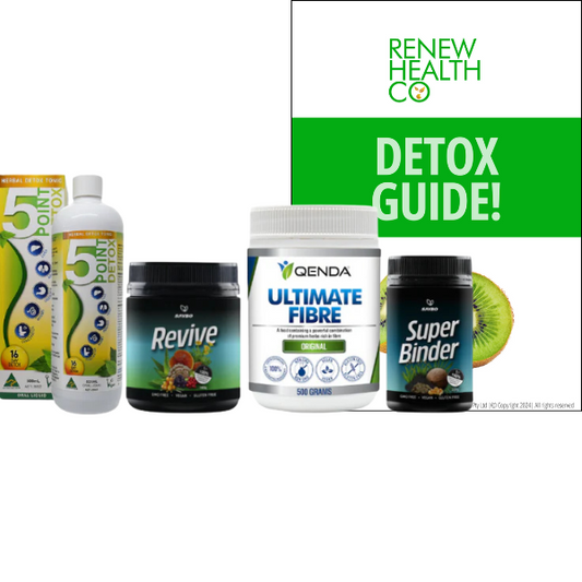 Take your detox journey to the next level with Renew Cleanse #3. A powerful, self-led parasite cleanse designed to help eliminate intestinal worms, support liver detox pathways, and prep your body for a 
This bundle includes Qenda Ultimate Fibre 500g, Point Pharma 5PointDetox 500ml, Saybo Revive 180g, Saybo Super Binder 200g and our very own Detox Guide with instructions on how to use these products effectively as well as tips for supporting your detox and maintaining healthy habits throughout your cleanse.