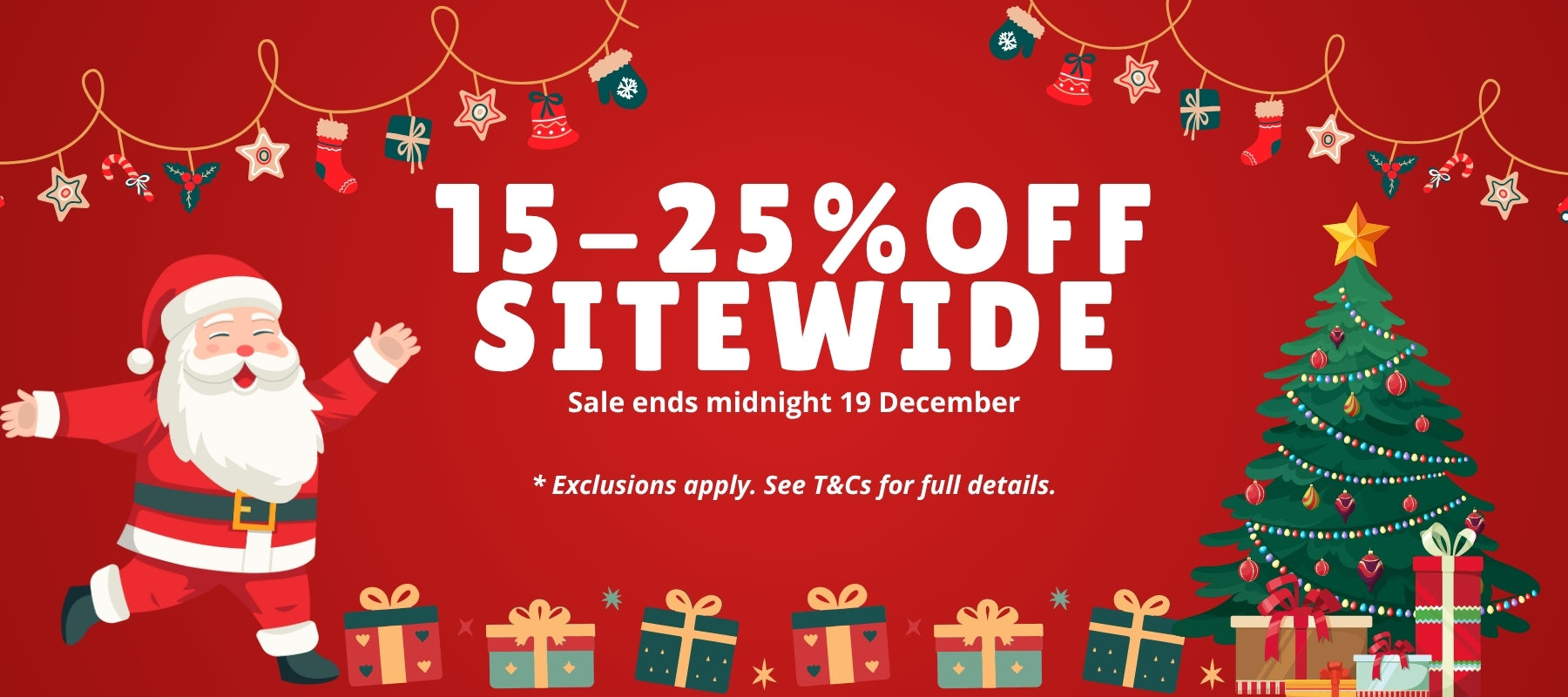 Red promotional banner with Santa Claus, Christmas trees, and presents on a red background with festive decorations.