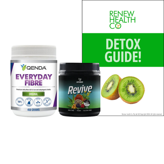Take the first step on your health journey with Renew Cleanse #1. A gentle 30 day bowel cleanse designed to support regularity, hydration, and healthy eating habits with no hand-holding required.
The Renew Cleanse 1 bundle includes: Qenda Everyday Fibre 450g, Saybo Revive 180g and our very own Detox Guide.