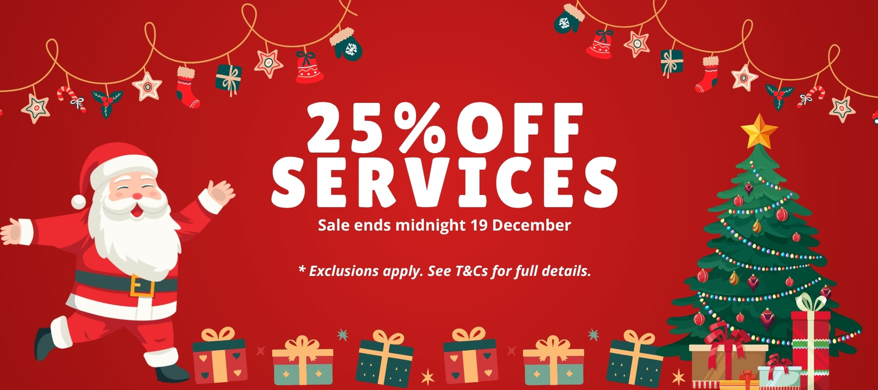 Red promotional banner with Santa Claus, Christmas tree, and presents on a red background with festive decorations.