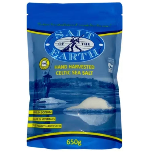 Salt of the Earth Fine Celtic Sea Salt 650g pack – unrefined mineral-rich sea salt, sustainably harvested and naturally dried for everyday cooking and seasoning.