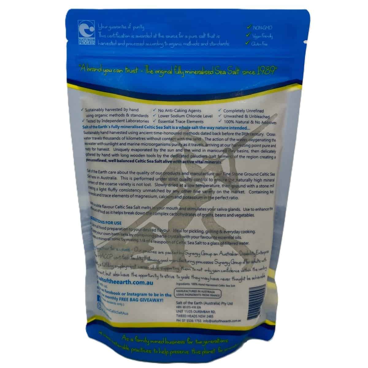 Salt of the Earth Fine Celtic Sea Salt 650g back label highlighting product information, brand story, nutritional minerals and suggested uses for cooking and wellness.