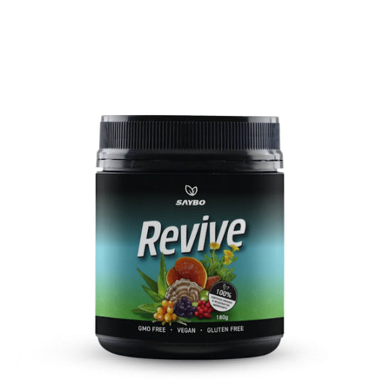 SAYBO Revive superfood powder is an epic blend of 39 different superfoods and tonic herbs, highly revered for their health enhancing properties.
Many of the ingredients in SAYBO Revive have been used by ancient cultures all around the world to help boost the immune system and to assist the body with adapting to stress.