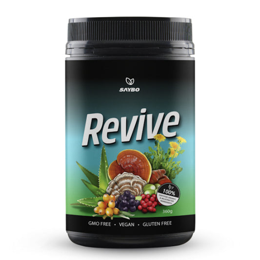 SAYBO Revive superfood powder is a premium blend of 39 different superfoods and tonic herbs, highly revered for their health enhancing properties.
Many of the ingredients in SAYBO Revive have been used by ancient cultures all around the world to help boost the immune system and to assist the body with adapting to stress.